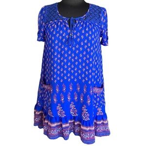 FOREVER 21 Boho Floral Print Mini Tunic Dress Crochet Detail Sz M/L